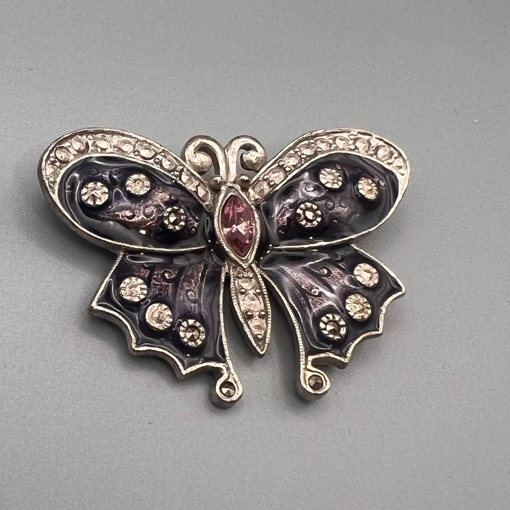 AAI Silver-Tone Butterfly Brooch with Rhinestones & Enamel Detail